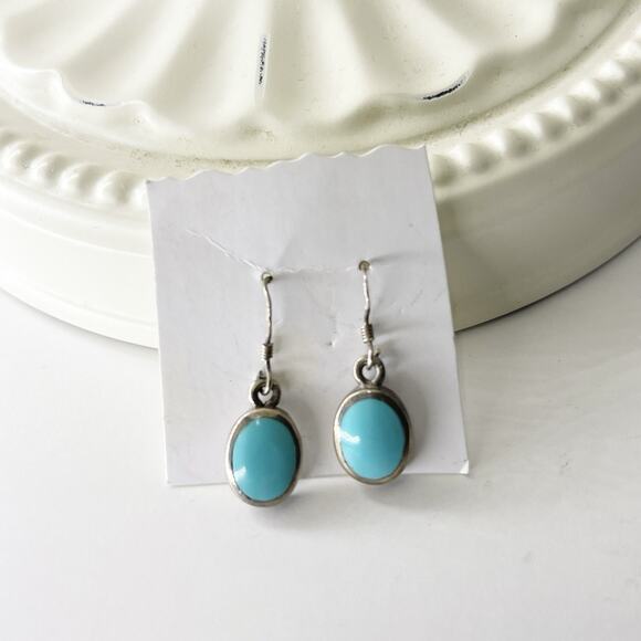 Vintage Sterling Silver .925 Earrings Blue Turquoise Oval Dangle Fashion Style - Picture 1 of 16